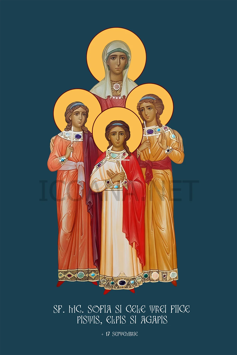 Icoana Sfintei Mucenițe Sofia și fiicele sale Pistis (Credința) Elpis (Nadejdea) și Agapis (Dragostea) (în picioare)